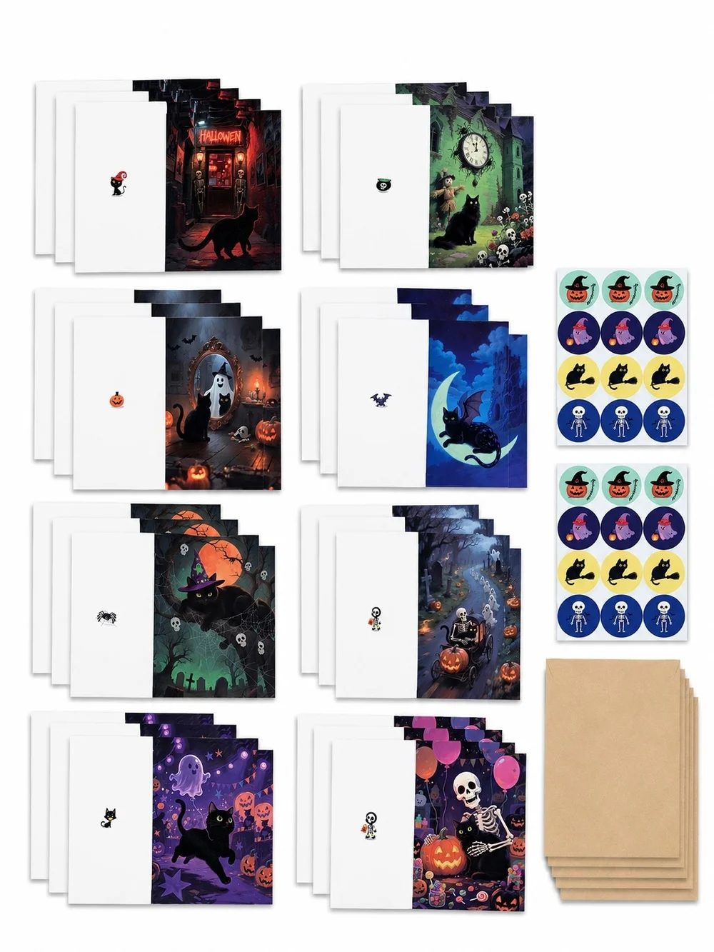 24 Black Cat Halloween Greeting Cards Envelopes Stickers Spooky Set